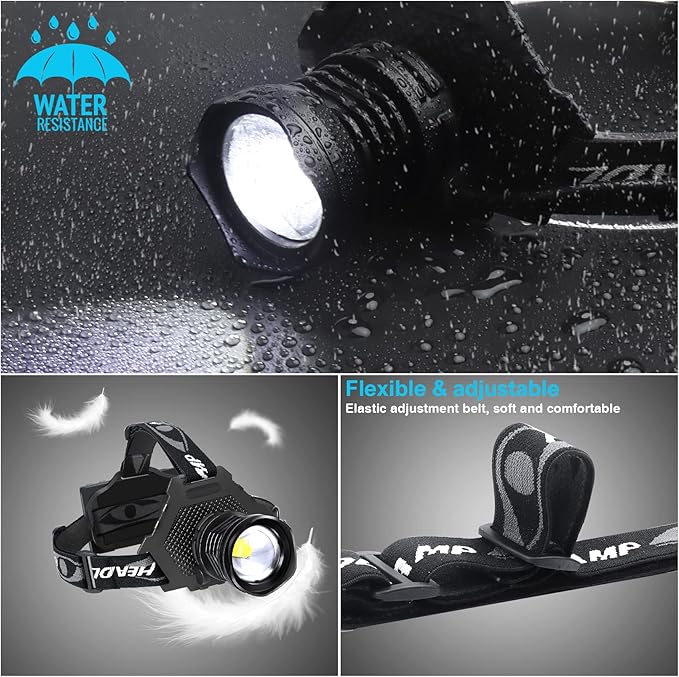Bud K LED Headlamp USB Rechargeable, Head Lamp XHP70 Super Bright 90000 High Lumen with 5 Modes, Batteries Included, Zoomable, Waterproof Headlight for Camping Hunting Running Fishing Biking (Black)