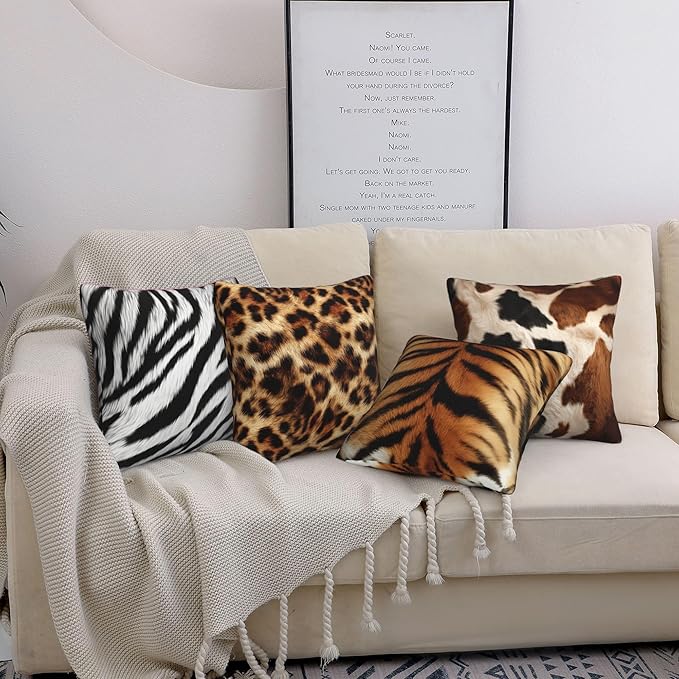 Animal Print Throw Pillow Covers 18 X 18 Inch Set of 4 Decorative Cushion Cover Home Decor for Sofa Chair Couch Bedroom Living Room
