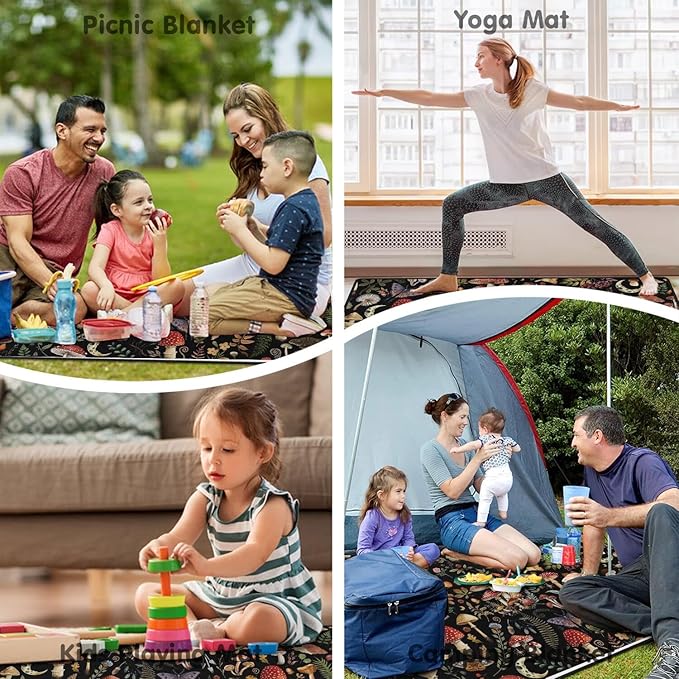 Supfitness Extra Large Picnic Blankets Waterproof Foldable (80"x 80") Mushroom Beach Blanket Waterproof Sandproof,3-Layer Thicking Mat Outdoor Packable Camping Blanket