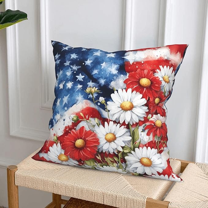 4th of July Flower Throw Pillow Covers 18 X 18 Inch Set of 4 Decorative Cushion Cover Home Decor for Sofa Chair Couch Bedroom Living Room