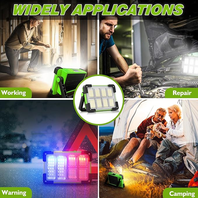 120W Solar Rechargeable Work Light, 144 LED 10000LM Led Work Light with 4 Modes, Portable Flood Light with Stand, IP66 Waterproof Outdoor Working Light for Emergency Mechanic Camping Repair