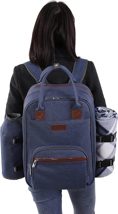 ALLCAMP OUTDOOR GEAR Picnic Backpack for 2 Person Set W/Detachable Bottle/Wine Holder, Fleece Blanket, Plates and Cutlery Set (Blue)
