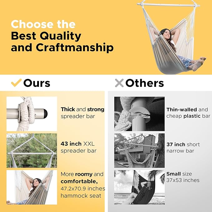 ADVOKAIR Hammock Chair Large 70.9"x47.2", 32% Bigger XXL Hanging Swing Chair with 500lbs Capacity, Heavy Duty Steel Spreader Bar, Extra Roomy Comfort for Adult Indoor Outdoor Bedroom Patio