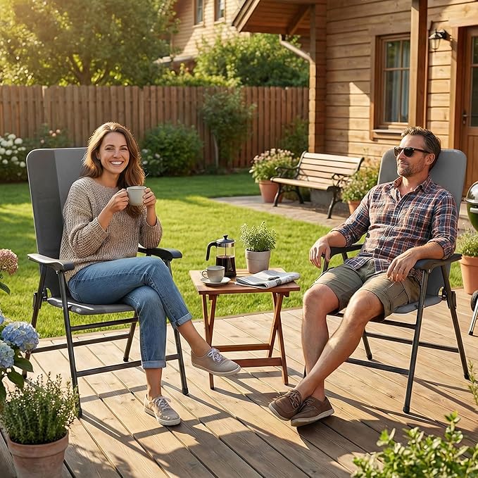 Outsunny Folding Patio Chairs Set of 2, Padded High Back Folding Lawn Chairs with Armrests, 600D Oxford Fabric, Portable Outdoor Camping Chair Set for Deck, Garden, Backyard, Light Gray
