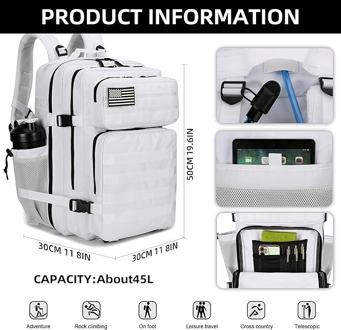 Lovelinks21 45L Tactical Assault Backpack 3 day assault pack with Molle Waterproof backpack Rucksack for Tactical Backpacks (White)