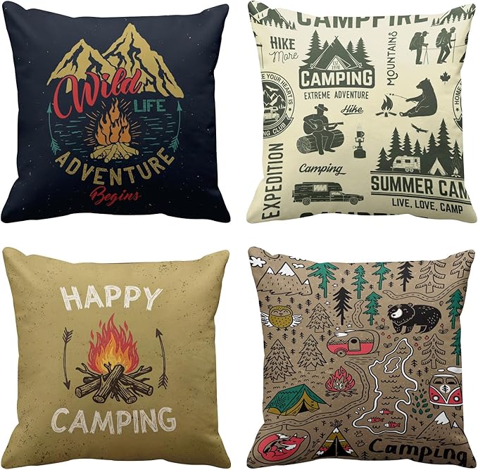 Emvency Set of 4 Throw Pillow Covers Camp with Mountain Campfire and Forest Camping Adventure Vintage Decorative Pillow Cases Home Decor Square 16x16 Inches Pillowcases