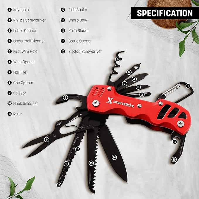 SmartstickX 16 in 1 Multi Tool Tactical Knife Camping essential Survival with Knife, Scissors, Saw, Wine Opener, Multiple Screwdrivers, Key Chain Easy Carry, Fish Scaler (Red)