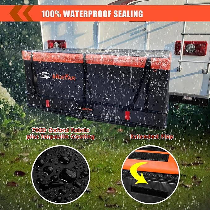 MeeFar Hitch Mount Cargo Carrier Bag Soft Shell 100% Waterproof 16 Cubic Feet (58" 24" 19") Include 8 Reinforced Straps for Truck Pickup All Vehicle with Steel Cargo Basket
