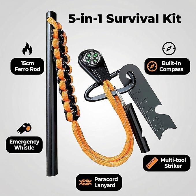 Ferro Rod Fire Starter with Compass, 3/8 Inch Thick Magnesium Ferrocerium Rod，Fire Starter Survival Tool with Multi-Tool Long Strikes, Flint Fire Starters for Camping & Hiking,Outdoor Emergency Kits.