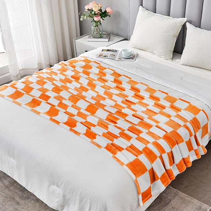Edenleaf Orange Checkered Blanket, Soft Cozy Fleece Checkered Throw Blankets for Bed Sofa Couch Camping, Ultra Fluffy Throws for All Seasons, 60x80 Inch, Orange