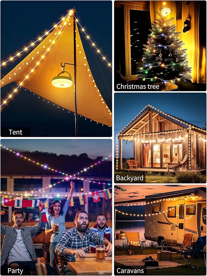 Upgraded Solar Camping String Lights, 33FT Retractable Colored Fairy Solar String Lights Camping with Snap Portable Hanging Tent Lantern for Awning Garden Yard Party Decor