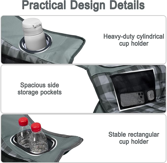 Youtanic Padded Camping Chairs for Adults, Heavy Duty 400 lbs Foldable Lawn Chair, Oversized Ergonomic Outdoor Seat with Classic Plaid Design, Cup Holders & Storage Pockets for Fishing, Sports, Gray