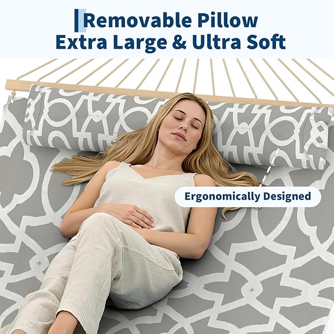 Hammocks 12 FT Double Quilted Fabric Hammock with Spreader Bar and Detachable Pillow, 2 Person Hammock for Outdoor Patio Backyard Poolside, 450lbs Weight Capacity