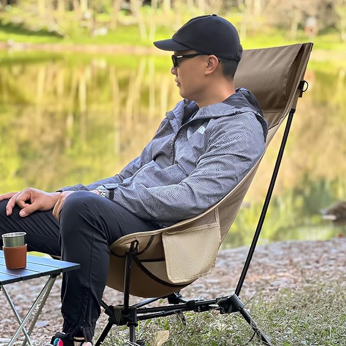 MellowCamp High Back Camping Chair, Oversized Comfort Design Collapsible Camp Chair with Pillow (Brown)