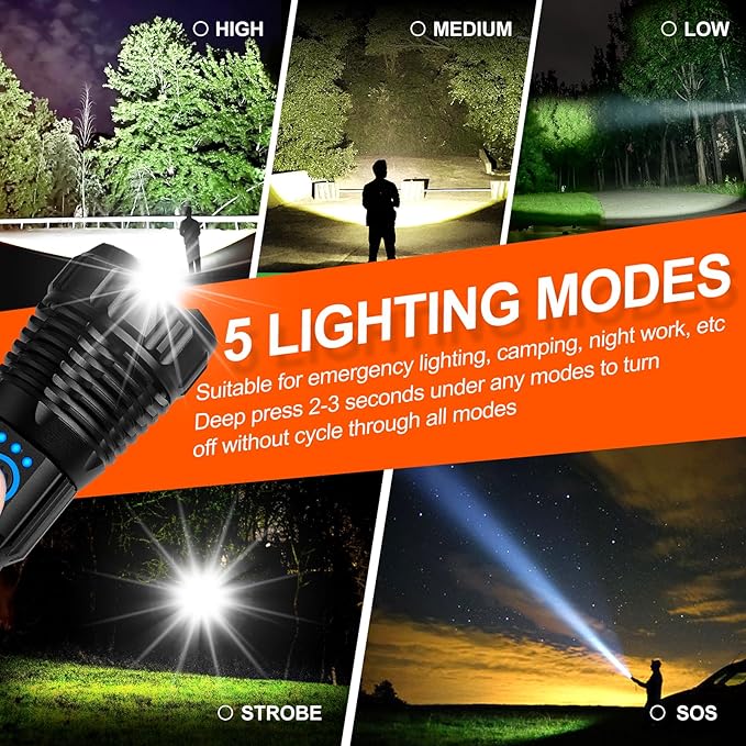 Rechargeable Flashlights High Lumens , Super Bright 500000 Lumens Powerful Flashlight & Tactical Flashlight with Gift Box, 5 Modes, Waterproof, LED Hand Light for Outdoor Camping, Hiking, Emergency