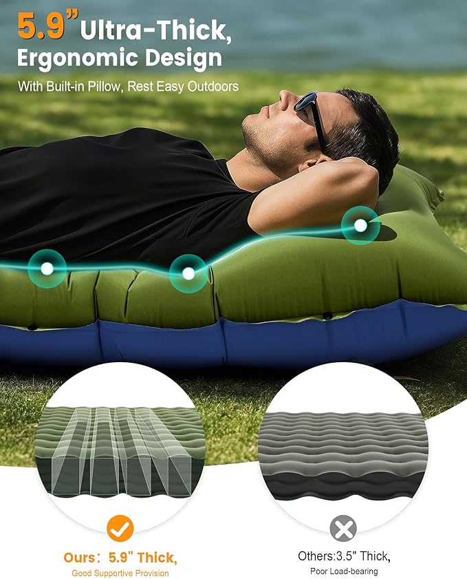 Camping Sleeping Pad,5.9 Inch Thick Camping Mat with Built in Pillow and Foot Pump,Self Inflating Sleeping Pad for Camping Backpacking（Green