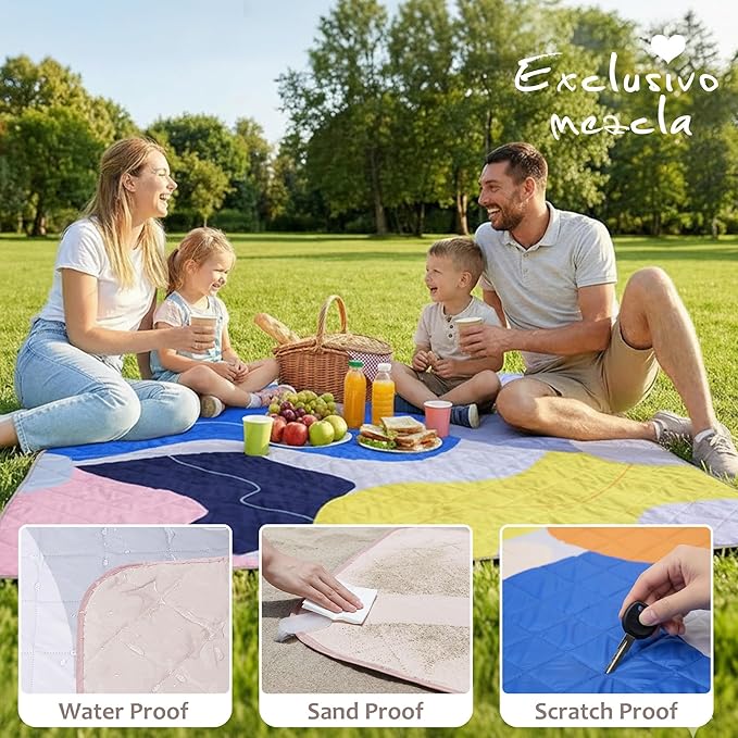 Exclusivo Mezcla Waterproof Picnic Blankets 60x80 Inch, 3 Layer Extra Large, Sandproof and Foldable Outdoor Blanket for Beach Camping, Park and Travel