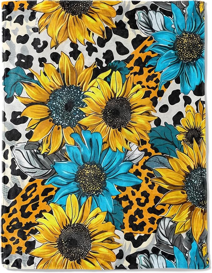 Sunflower and Leopard Print Fleece Blanket - Lightweight Soft Cozy Gifts Throw for Floral Lovers,Women,Adult,Yellow and Blue Chic Flower Blankets,Home Room Modern Artistic Decor 40x50in