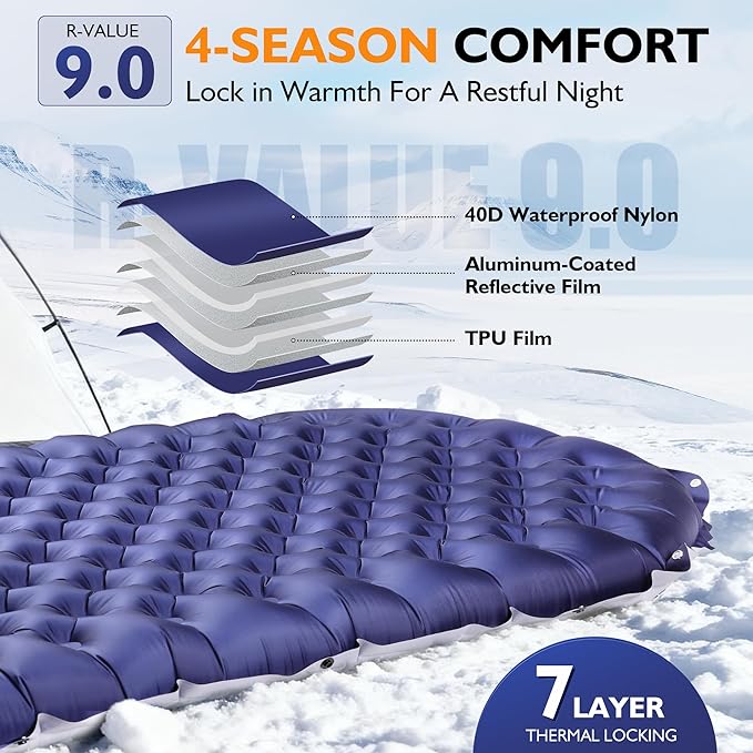 TOBTOS Camping Sleeping Pad with 9.0 R-Value, 4" Thick Inflatable Camping Mattress for All Season, Compact Insulated Sleeping Mat for Backpacking & Hiking (Mummy)