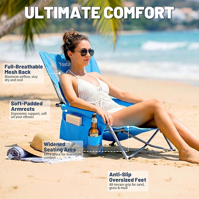 Youtanic Beach Chairs 2 Packs, Folding Portable Chair for Adults, Standard Back Extra Wide Seat with Cup Holder & Carry Bag, Lightweight Camp Chair for Outdoor, Beach, Sand, up to 350lbs, Blue