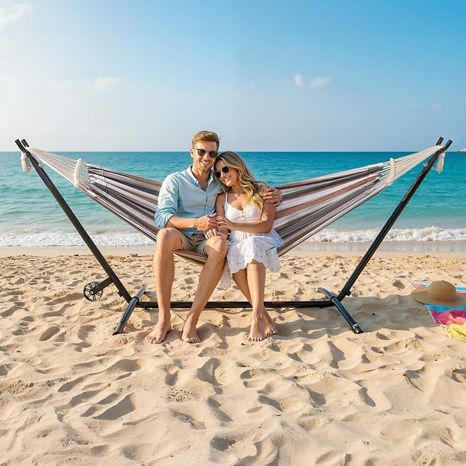 ONCLOUD Double Hammock with Spreader Bar & Heavy-Duty 9ft Steel Wheel Stand, Brazilian Hammock Set, Portable Hammock with Stand for Outside, Backyard, Camping, Includes Carry Bag, 550lb, Desert Strip