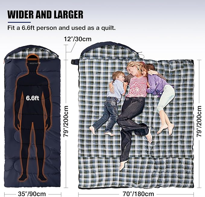 REDCAMP Flannel Sleeping Bag for Adults, Comfortable Cotton Sleeping Bags for Camping with Detachable Hood, Red/Grey/Blue/Black