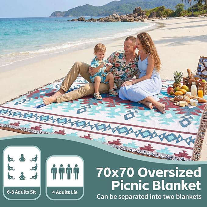 2 in 1 Extra Large Boho Beach Blanket Towel Sand Free Outdoor Picnic Mat Giant Oversized Xl Big Jumbo Huge Turkish Woven Throw Cloud Summer Vacation Essential Travel Must Have Accessories Women Gift