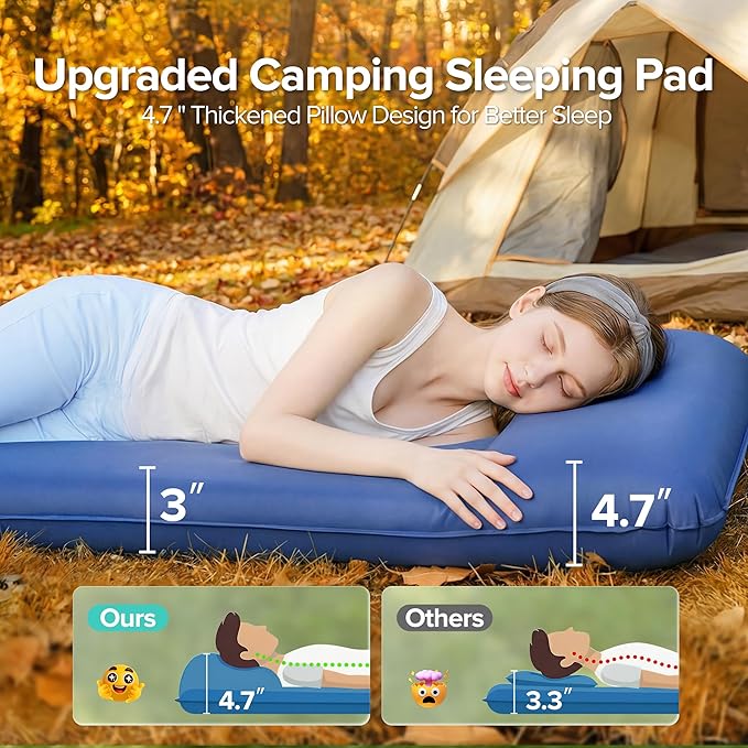 Memory Sleeping Pad, 3.1" Ultra-Thick Foam Sleeping Mat for Camping, Self-Inflating Sleeping Pad with Pillow, Quiet & 9.5 R-Value, 4-Season Camping Mattress Pad for Tent Car Travel (Dark Blue)
