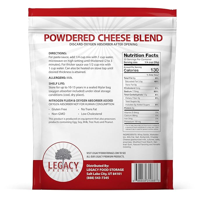 Legacy Essentials Long Term Dried Cheese Powder - 15 Year Shelf Life Powdered Cheese Blend for Emergency Food Storage Supply (Quantity 6)