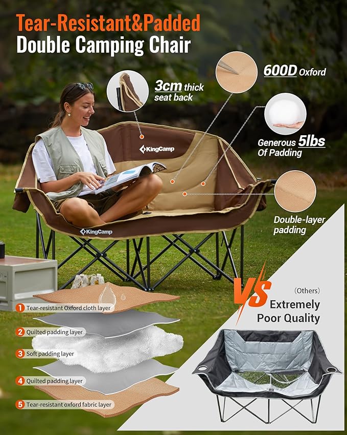 KingCamp Double Camping Chair, Oversized 880lbs Heavy Duty Loveseat for Adults Portable Folding XL 2 Person Couch Padded Comfortable Two Seat with Cup Holder for Outdoor Lawn Backyard, Khaki/Coffee