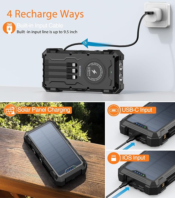 Sudrov Solar Charger Power Bank, 42800mAh Wireless Portable Charger with USB-C in/Output, QC3.0 Fast Charging 15W 4 Ports Outdoor Battery Pack Built-in LED Flashlight, for iPhone, Galaxy, iPad etc