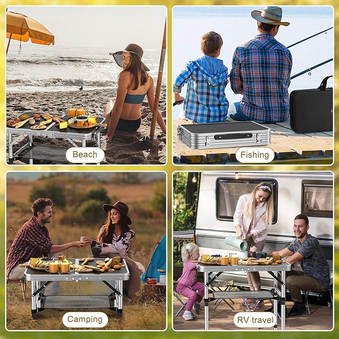 Folding Camping Table, 2 FT Folding Portable Camping Table, Outdoor&Indoor Picnic Table with 3 Adjustable Height Max 27.1",Lightweight Aluminum Camping Tables, Car Camping Essentials-Black