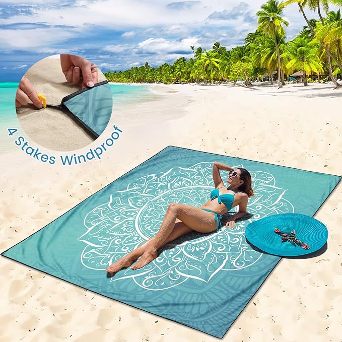 HIHOHO Beach Blanket Waterproof Sandproof Beach Mat for 1-8 Adults Quick Drying Durable Outdoor Picnic Mat for Beach Festival Travel Camping Hiking (Large Mandarin, 79"×83"(4 Person))