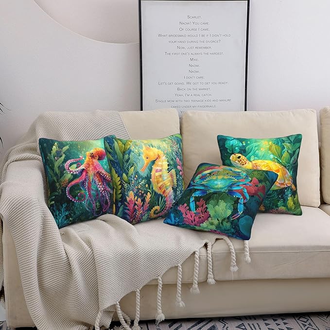 Coastal Beach Throw Pillow Covers 18 X 18 Inch Set of 4 Decorative Cushion Cover Home Decor for Sofa Chair Couch Bedroom Living Room
