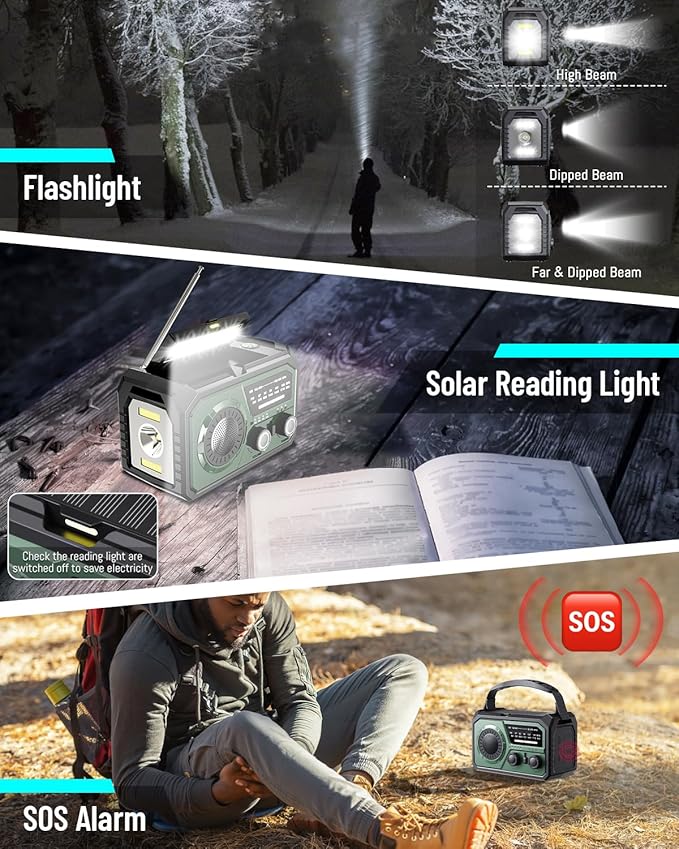 16000mAh Emergency Weather Radio, AM/FM/NOAA Weather Alert Radio Hand Crank/Solar/Type-C Fast Rechargeable Outdoor Radio with Reading Lamp/SOS Alarm/3 Mode Flashlight/Power Bank(Green)