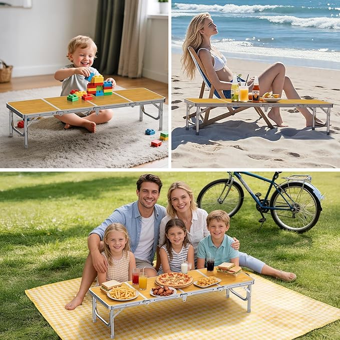 Anbte 4ft Low Folding Picnic Table, Thicker Aluminum Small Camping Table with Storage Bag, Portable Handle, Lightweight, for Camping Beach Party Picnic Floor,45.67" x 15.7" x 10.3", Yellow