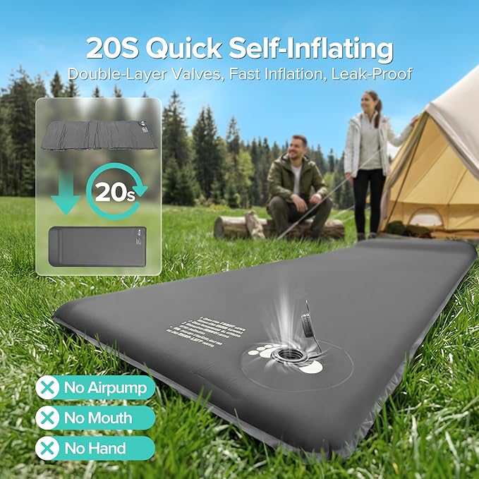 Self-Inflating Sleeping Pad for Camping, 3" Ultra-Thick Outdoor Camping Mat with Pillow & 9.5 R-Value, Insulated All-Season Foam Camping Mattress for Camping Travel Tent Car
