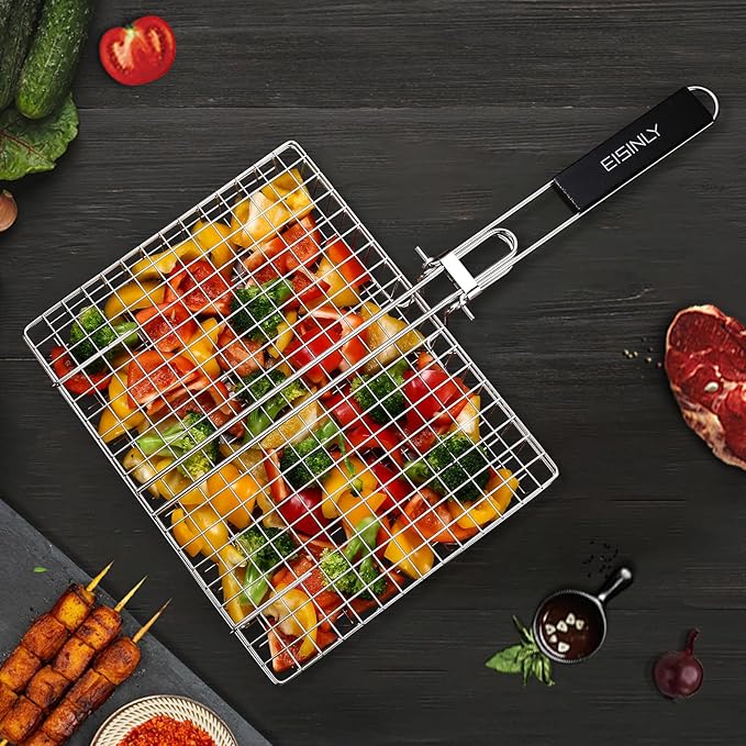 Portable Grill Basket, EISINLY BBQ Grilling Basket for Outdoor Grill with Removable Handle, Stainless Steel Camping Cooking Grill Accessories for Chicken Fish Vegetable