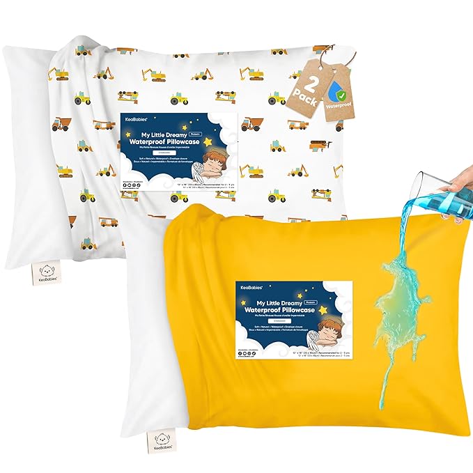 KeaBabies 13 x 18 Toddler Pillowcase, 2-Pack Waterproof - Soft Waterproof Toddler Pillow Protector Cover for Kids, Boys, Girls, Machine Washable, Small Travel Pillow Sold Separately (Construction)