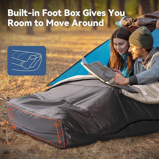 MEREZA Mummy Double Sleeping Bag for Adults with Pillow Cold Weather 0 Degree 2 Person Sleeping Bag for Big Tall Mens Couples Family Camping