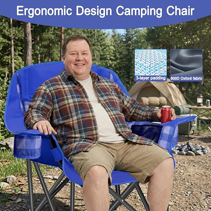 Youtanic Padded Camping Chairs for Adults, Heavy Duty 400 lbs Foldable Lawn Chair, Oversized Ergonomic Outdoor Seat with Plaid Design, Cup Holders & Storage Pockets for Fishing, Sports, Blue