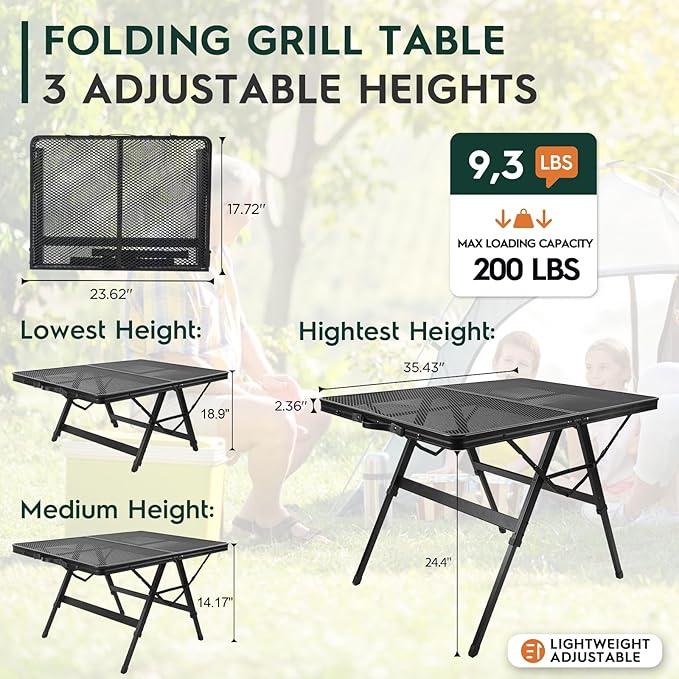 WildFinder 3 FT Folding Grill Table, Portable Camping Table for Outside, 3 Adjustable Height Folding Table with Desktop, Lightweight Outdoor, Camping, Picnic, BBQ