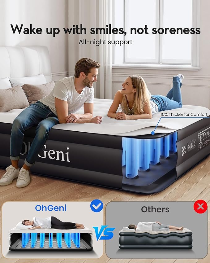 OhGeni Queen Air Mattress with Built in Pump, Ideal Alternative to a Bed, Inflatable Blow Up Mattress 18 Raised Comfort, Upgraded Surface Portable Bed for Home, Camping, Colchone Inflable, 650 lbs