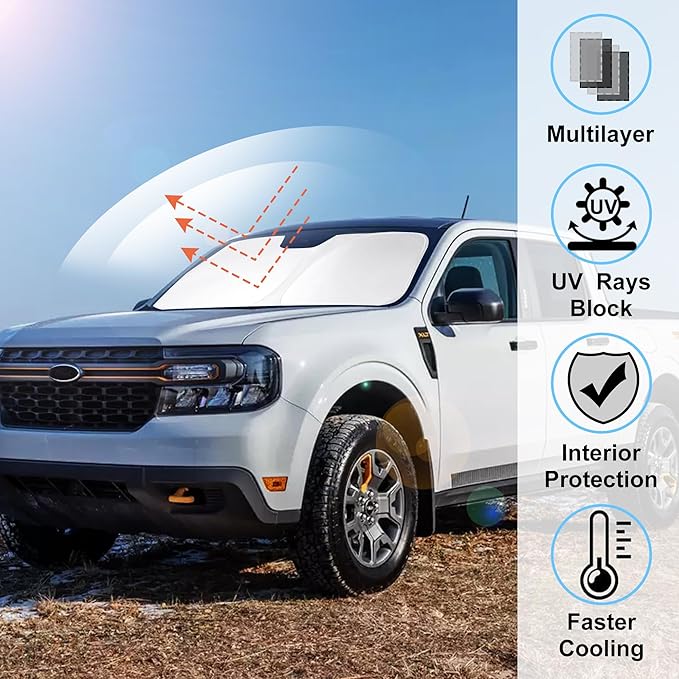 Windshield Sun Shade Custom Fit 2022 2023 2024 2025 2026 Ford Maverick Hybrid XL XLT Lariat Truck Accessories Window Shades Protect Car from Sun Rays & Heat Damage