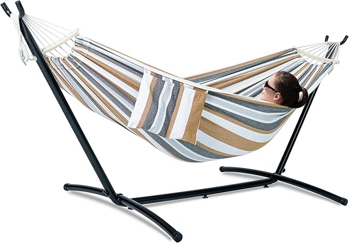GAFETE Double Hammock with Stand for Outside, Upgraded Spreader Bar, Heavy Duty Space Saving Steel Stand 2 Person, Convenient Pockets, Easy Assembly, 600lbs Weight Capacity, Indoor & Outdoor (Coffee)