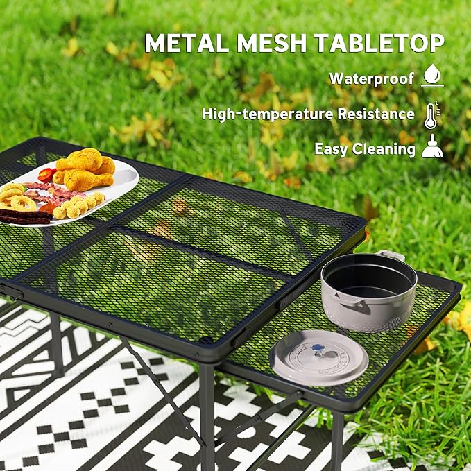 Outsunny Folding Grill Table, 4.5 ft Portable Camping Table with 2 Wing Panels, Height Adjustable Metal Outdoor Table with Mesh Desktop for Picnic, Beach, BBQ, Party, Black