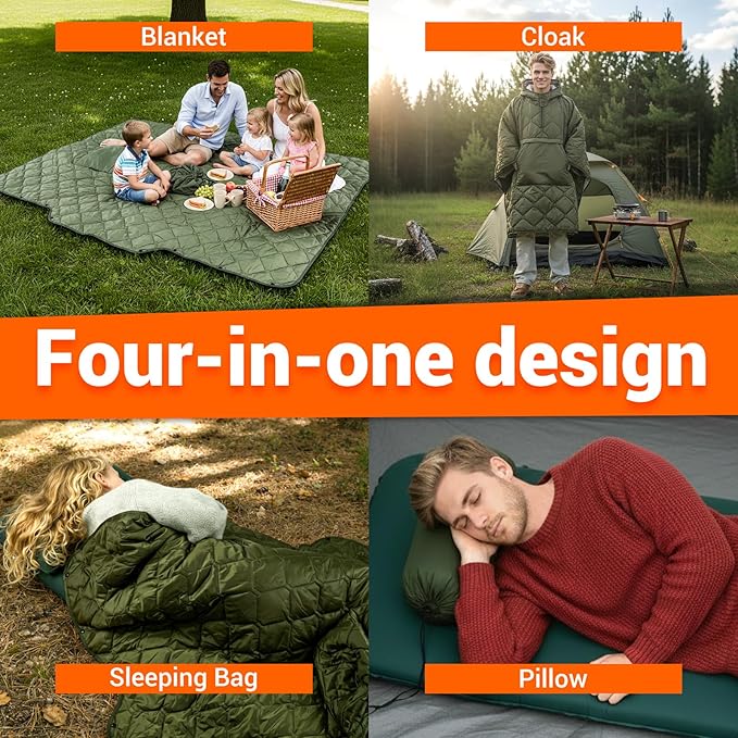 FUNANASUN Hooded Camping Blanket Poncho, Stadium Woobie Blanket, Machine Washable/650FP Insulation, Ultralight & Packable, Fit Most Adult Sizes, Can Be Used as Shawl/Wearable Sleeping Bag/Cloak