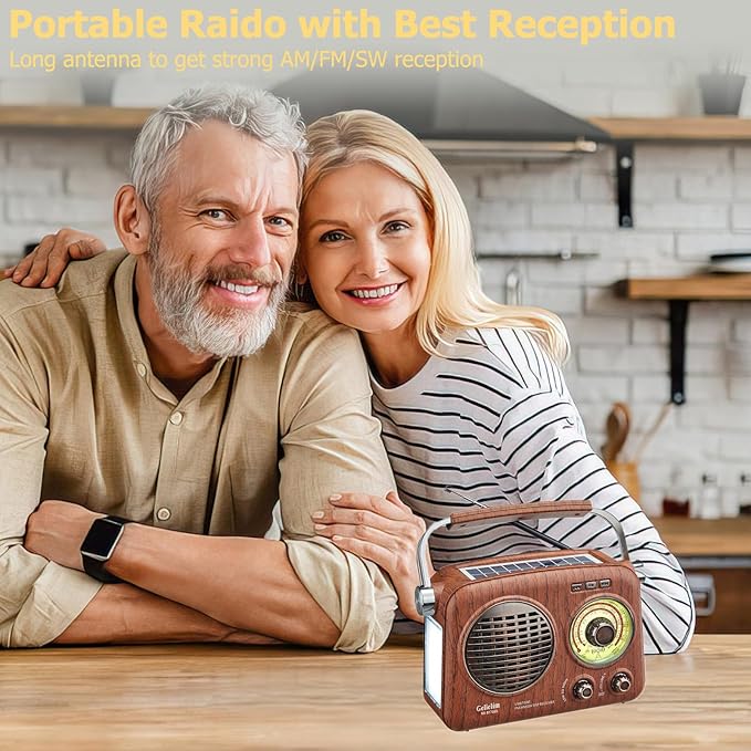 Gelielim Radios Portable AM FM SW,Vintage Radio Bluetooth Speaker with Crystal Clear Sound, Rechargeable Battery Powered, Retro Small Radio with Solar Panel & Flashlight, Gifts for Seniors Elderly
