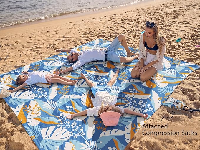 WEKAPO Beach Blanket Waterproof Sandproof Oversized, Extra Large Beach Mat Sand Free, Lightweight & Compact Sand Free Mat with 5 Stakes & 4 Corner Pockets