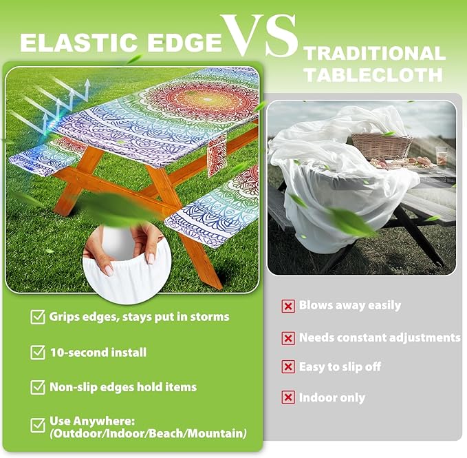 Picnic Table Cover with Bench Covers Vinyl Elastic Edges Fitted Rectangle Seat Tables Waterproof 3-Piece96X30in Set Outdoor Rectangular Folding Backing Tablecloth for Camping Over Size
